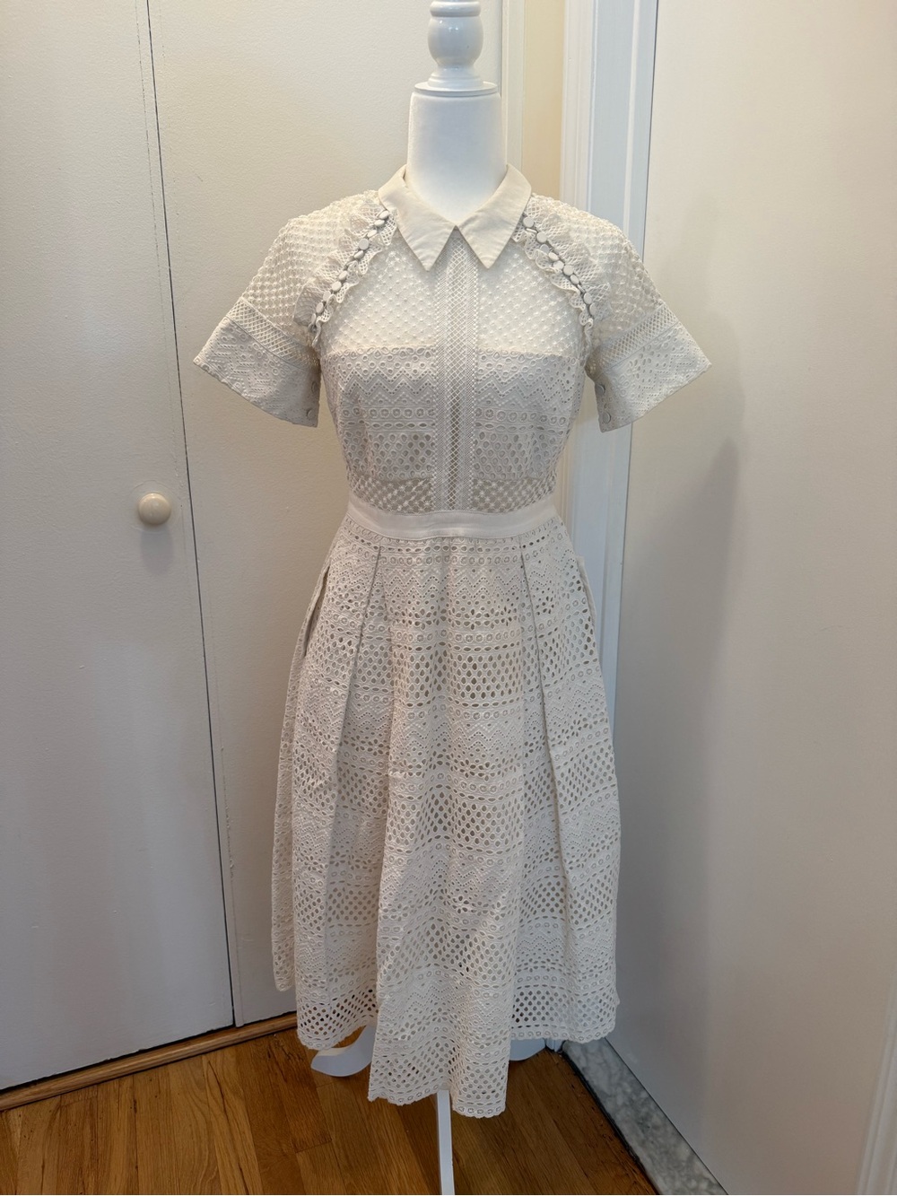 Self-Portrait Cream Eyelet Fit-and-Flare Midi Dress